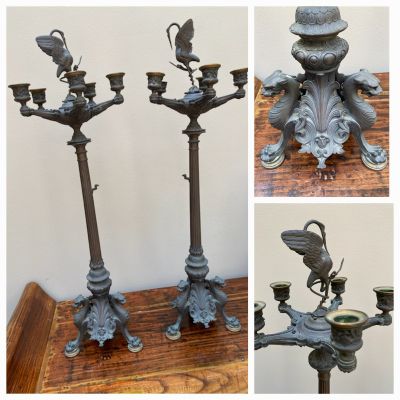 French Bronze Griffin footed Stork mounted Candelabras 19th C.jpg
